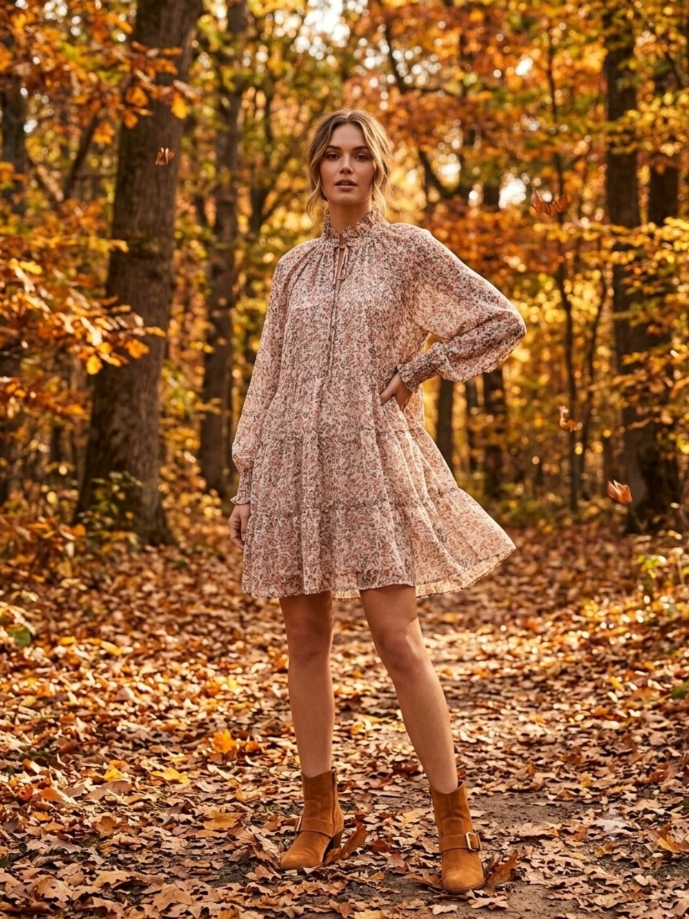 Dress Forum Floral Ruffle-Neck Tiered Mini Dress - Blush